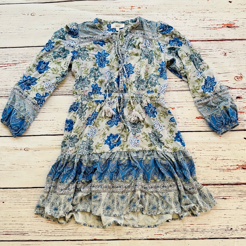 Longsleeve Lucky Brand Blue and White Ruffled Tiered Sundress! Size medium